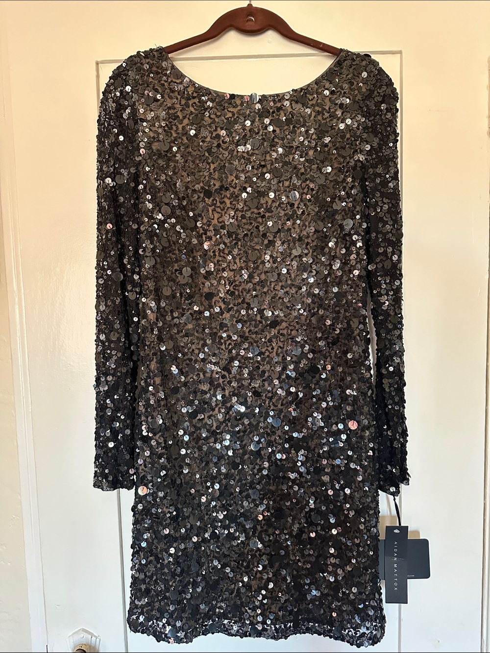 NWTs Aidan Mattox Black Sequin Long Sleeve Mini Dress size 14